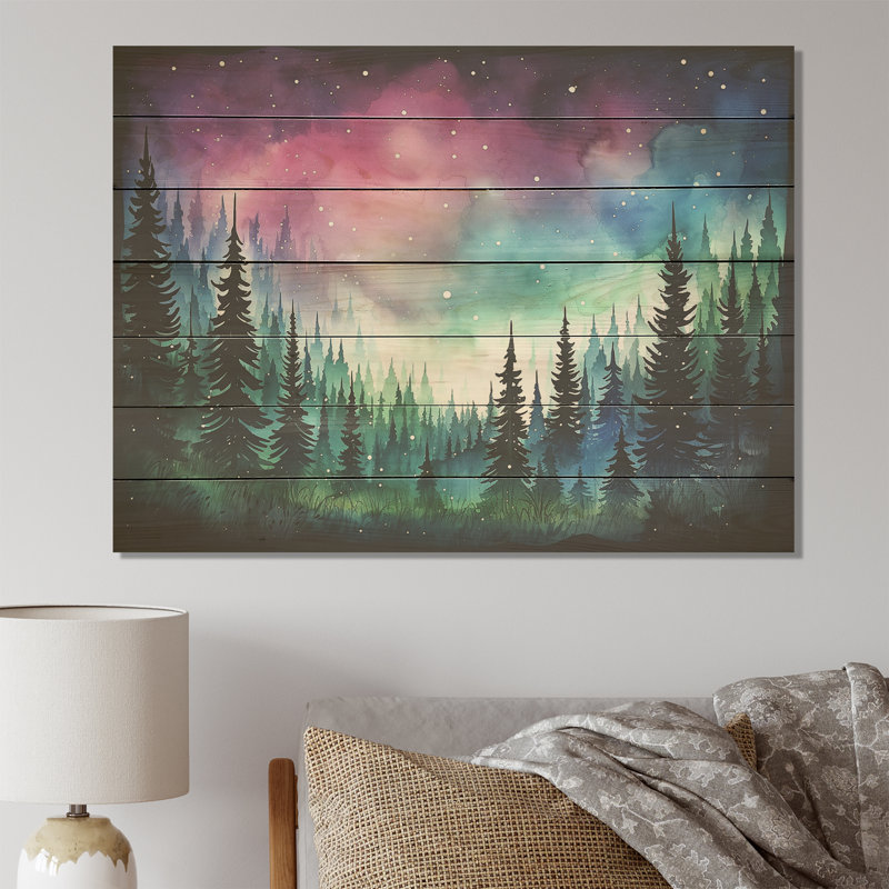 Mauve aurore boréale I - montagnes d'hiver sur bois, H 10 po x l 20 po x P 0,78 po