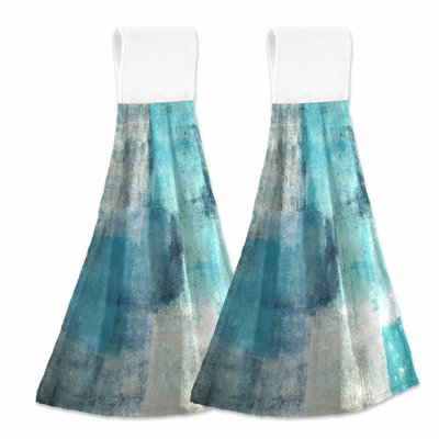 AquaArt Hanging Kitchen Towels - 2 Pack Absorbent Soft Dish Cloths with Loop, Modern Teal Turquoise Abstract Design for Bathroom, Farmhouse, Bar, Tabletop Home Decor