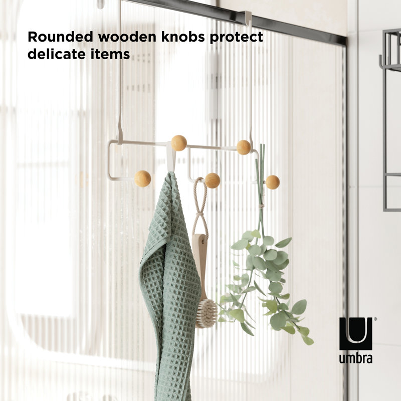 White Metal and Wood Over-the-Door 5-Hook Organizer