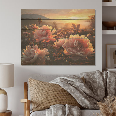 Champ de pivoines radieuses au lever du soleil - Pivoines, art sur bois de pin naturel