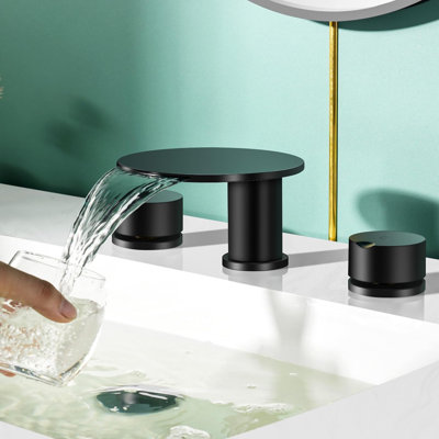 Moon Widespread Bathroom Sink Faucet – 8 Inch Waterfall 3-Hole Solid Brass Vanity Faucet with Dual Handles