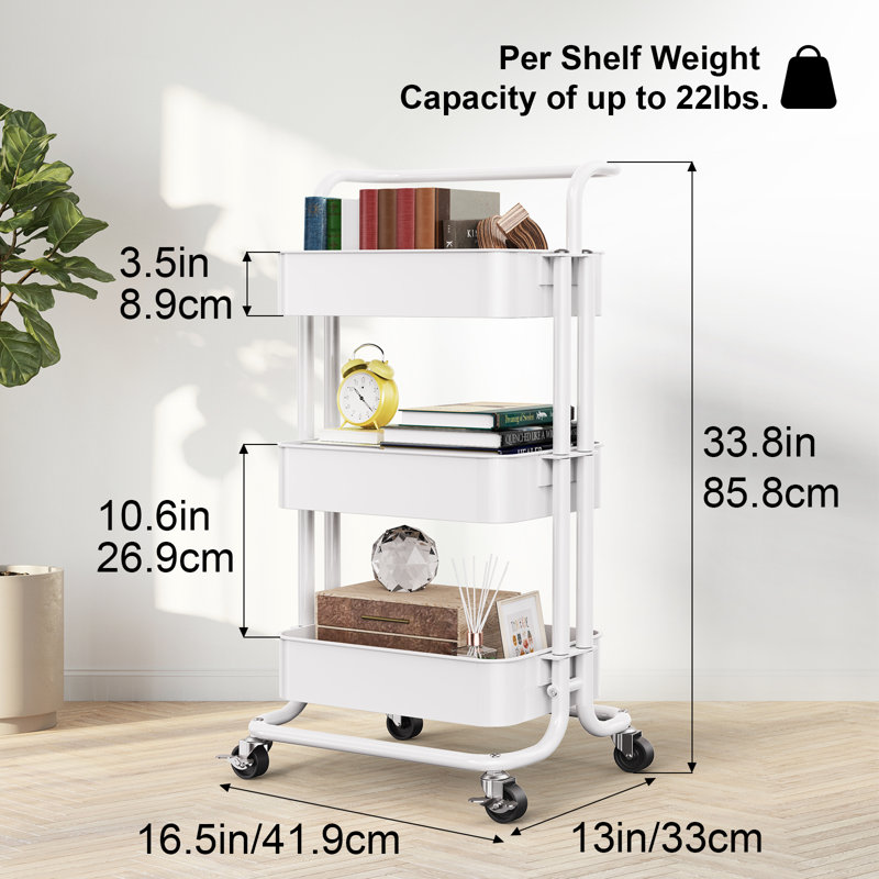 3-Tier Metal Rolling Utility Cart with Handle and Lockable Wheels, Anti-tipping Storage Organizer, White