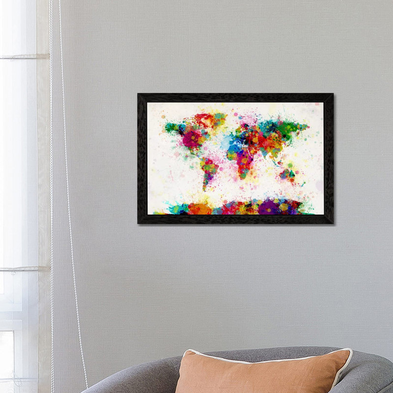 World Map Paint Drops III by Michael Tompsett - Painting on Canvas, 152.5 cm H x 101.5 cm W, Black Framed