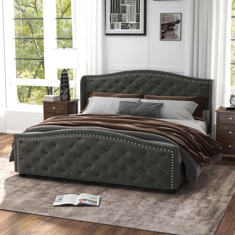 Kassaia Velvet Platform Bed with Tufted Headboard & Drawers