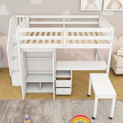 Loft Bed Featuring Integrated Staircase, Bookshelf, Drawers, Workspace Desk, And Wardrobe – All-In-One Solution