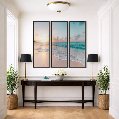 Aesthetic Sunset on Teal Ocean Coastal Beach Shore Framed Canvas 3 Pieces Print Triptych Wall Art