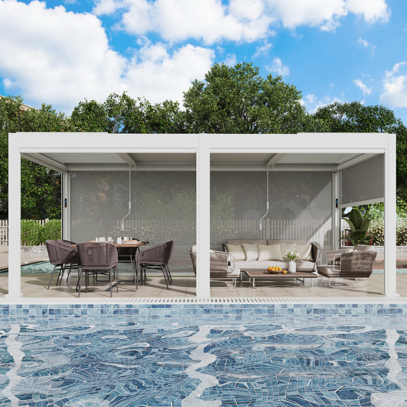 20 ft. W x 10 ft. D Outdoor Louvered Pergola with Auto-Adjustable Side Screen, Rainproof Roof, Thickened Aluminum Frame, and Remote-Controlled Light String for Deck, Patio & Hot Tub