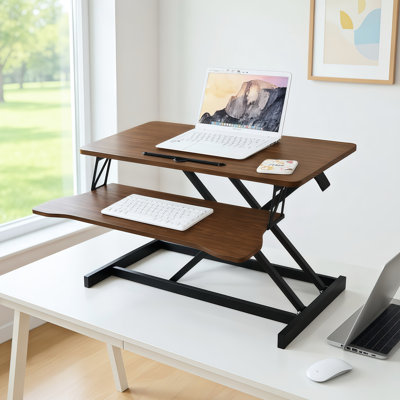 32 Inch Sit To Stand Height Adjustable Workstation, Dual Monitor And Laptop Desk Converter, Wide Keyboard Tray, Walnut Colored, Ideal For Office Spaces Workstation With Color, Sitting Standing,