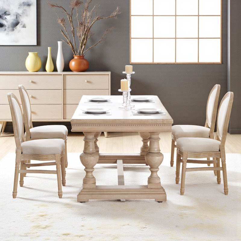 Chaises de salle à manger de style champêtre beige haut de gamme Amando, chaises rembourrées à dossier rond, techniques de tréfilage et de sculpture