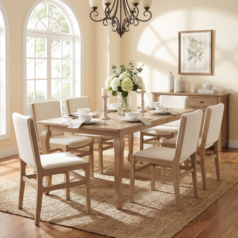 Alagie 7-Piece Expandable Rubberwood Dining Table Set With Upholstered Chairs, Light Ash, 7 Pieces: Table, 6 Chairs