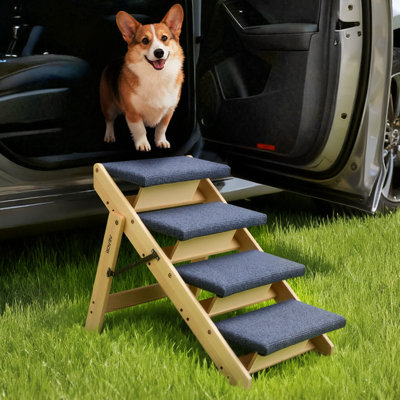 Wood Pet Stairs, 4-Step Dog Stairs for Beds, Sofa & Cars, 150lbs Load Capacity, Floded Flat Design, Stable & Sturdy Cat & Dog Step Ladder for Small Medium Large Older Pet Puppy Essentials