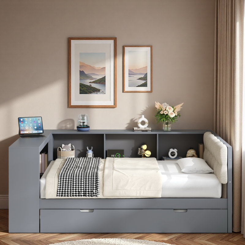 Platform Bed With Storage Shelves, Desk, Charging Station And Upholstered Headboard, Twin, Gray 