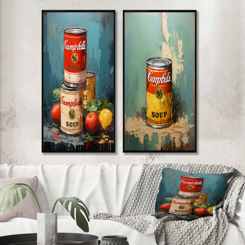 Popart Soup Sensation - Ensemble de salon abstrait Popart Wall Art, Cadre flottant noir, H 40 po x l 41 po