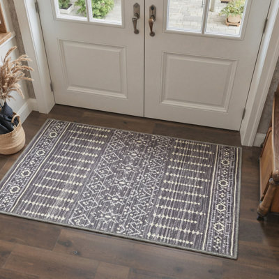 Zemara Boho Machine Washable Grey / Beige 3' x 5' Doormat with Non-Slip Backing