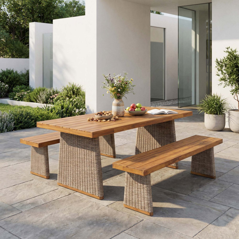 Ensemble de table de salle à manger d'extérieur en bois d'acacia avec 1 table et 2 bancs, 3 Pieces: Table, 2 Benches, Brown