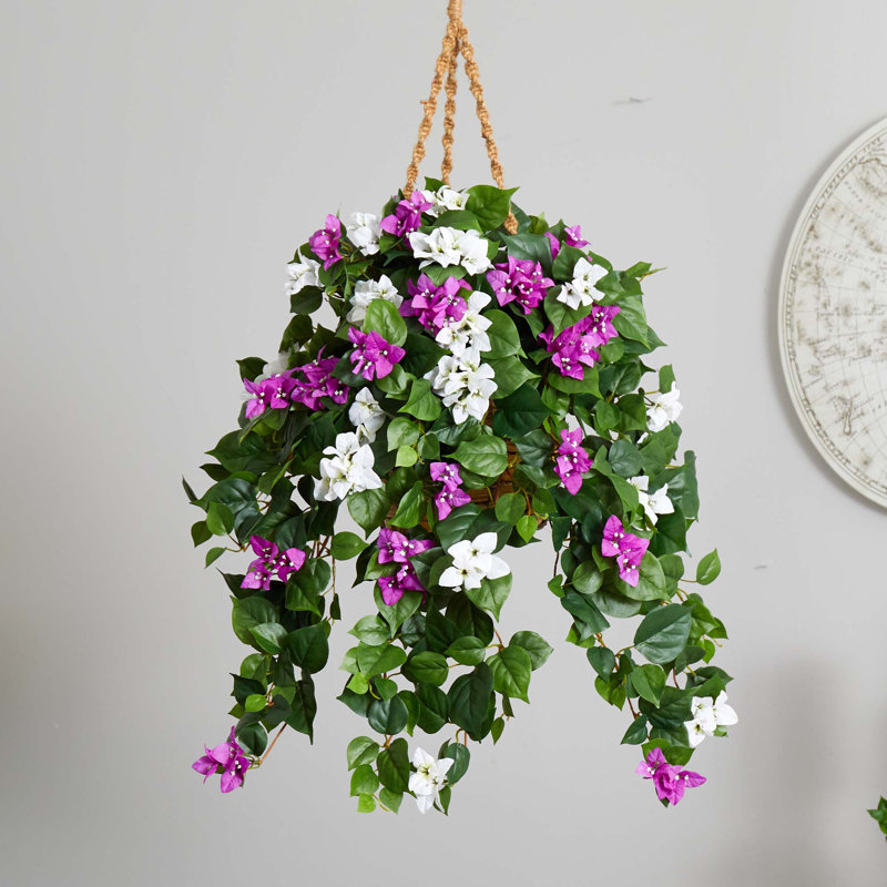 30" Purple and White Bougainvillea Artificial Hanging Plant with Rope Basket