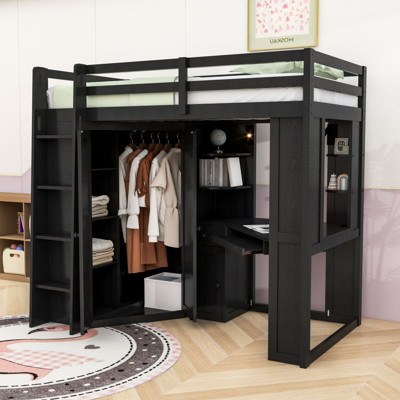 Lit mezzanine simple en bois avec bureau intégré, armoire et rangement, Noir