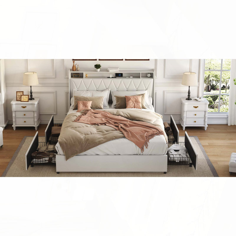 Structure de grand lit avec tête de lit ergonomique, prises, chargeur et tablette de rangement