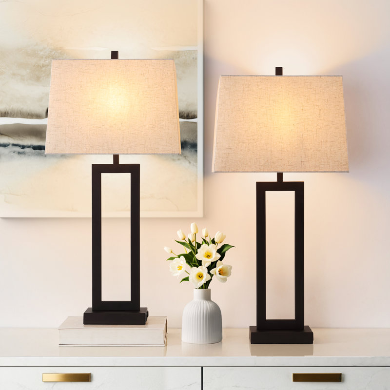 Jalob 28.5 in. Metal Table Lamp Set with USB,Type-C Ports and Built-in Outlet, Brown