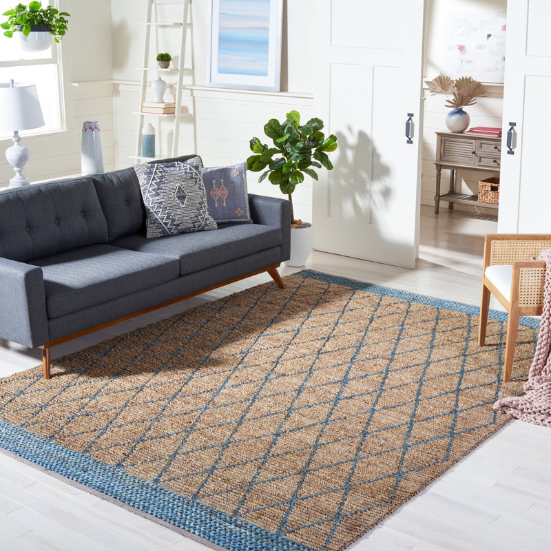 Natural Fiber Hand Loomed Jute/Cotton Geometric Rug in Natural/Navy, Rectangle 6' x 9'