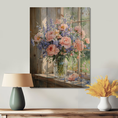 Bouquet de fleurs pastel d'été à la grange I - impression de bois de bouquets assortis - sur bois de pin naturel