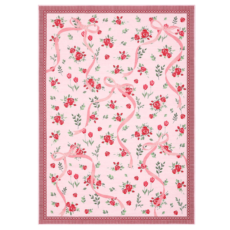 Washable Area Rug Bow Décor, Rectangle 5' x 7', Red
