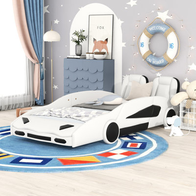 Lit plateforme simple avec conception de voiture de course et roues, lit en forme de voiture en forme de centre de table blanc et élégant, fabrication en bois de pin massif