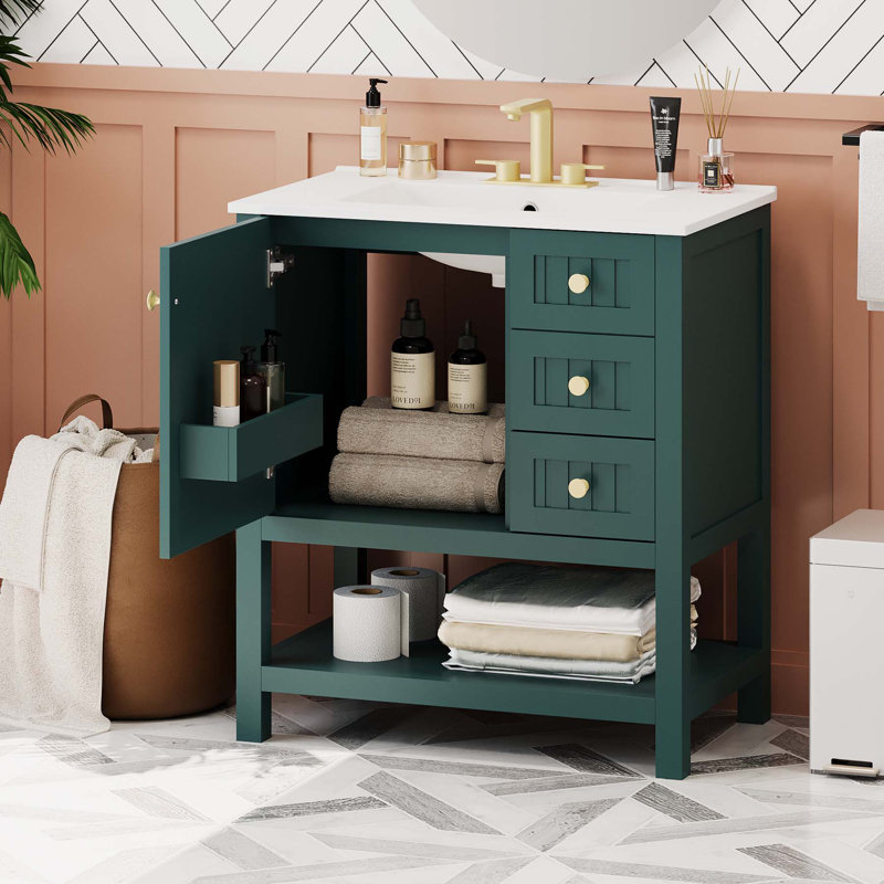 30inch Transitional Style Bathroom Vanity Cabinet Combo with Ceramic Sink, Green, Green