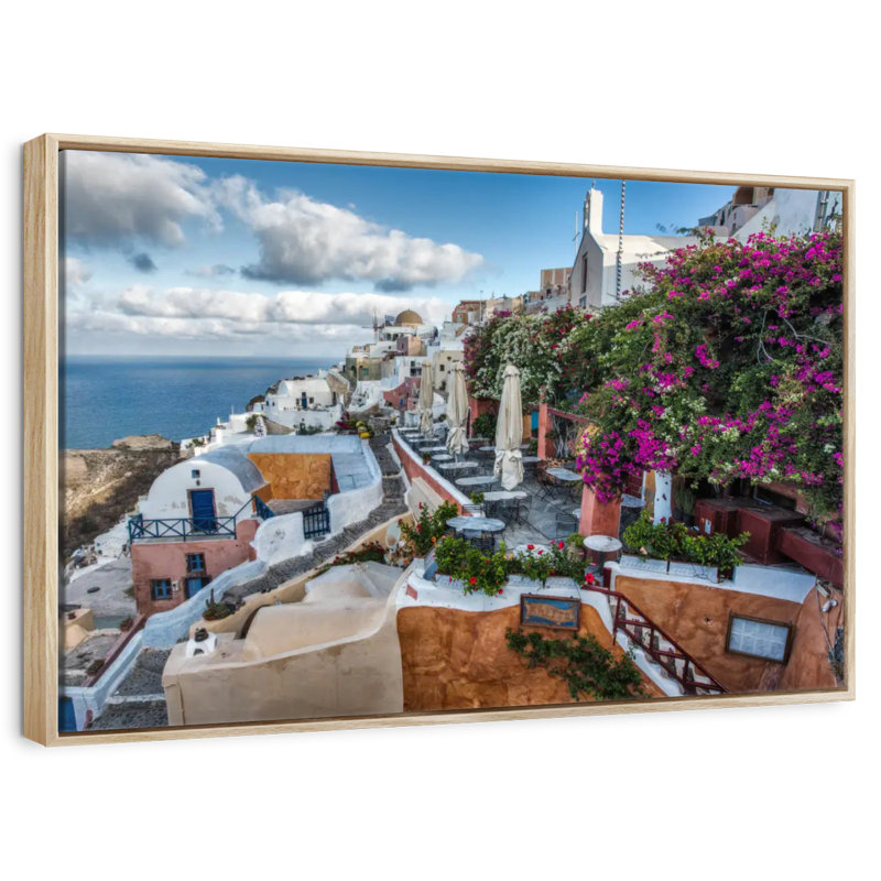 Bougainvilliers et cafés à Oia Santorini, Cadre flottant en bois naturel, 43 po x 29 po