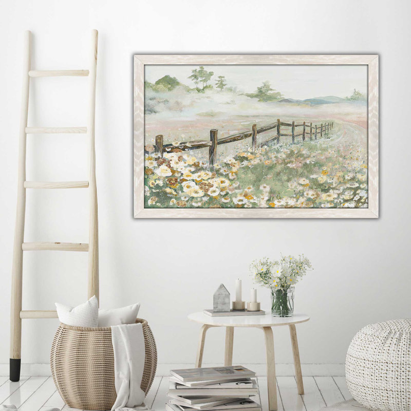 Clôture avec fleurs par Patricia Pinto - Peinture, H 33,5 po x l 49,5 po x P 1 po, Cadre crème délavé