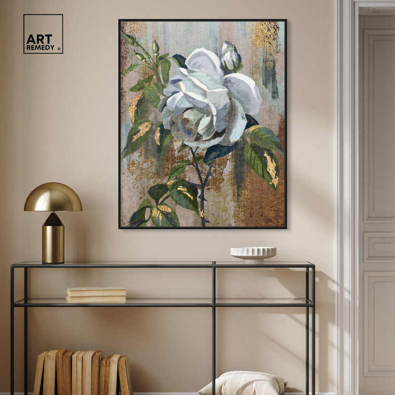 Art floral sur toile florale sur toile dorée par Art Remedy, Cadre noir, H 21 po x l 17 po