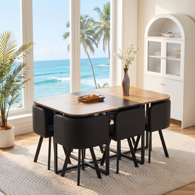 7-Piece Space-Saving Nesting Dining Table Set with 6 Upholstered Chairs