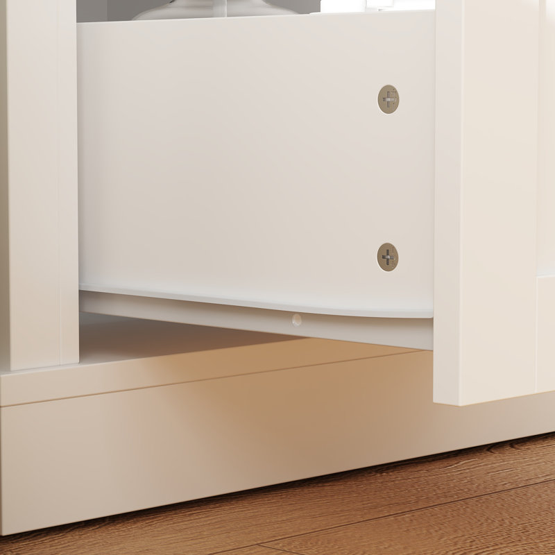 White Bathroom Storage Cabinet With Glass Doors & Black Handles