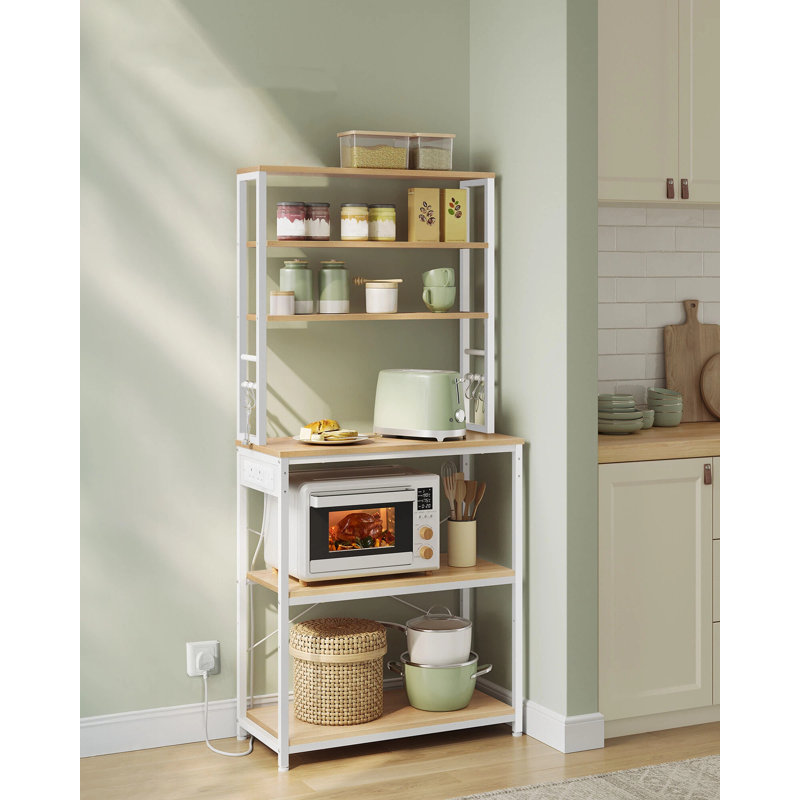 Baker's Rack With Power Outlet, Coffee Bar For Kitchen With Storage, 6-Tier Kitchen Shelves With 6 Hooks, Microwave Stand, 40 X 60 X 167 Cm, Golden Oak And Cloud White