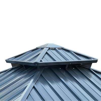 Pavillon de jardin à toit rigide de 12 pi x 12 pi avec double toit en acier galvanisé, structure en aluminium robuste, rideaux et filet pour patio, pelouse et jardin