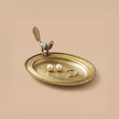 Brass Bird Jewelry Tray, Antique Gold Oval Ring Dish with Songbird Figurine – Vanity Organizer for Rings & Earrings