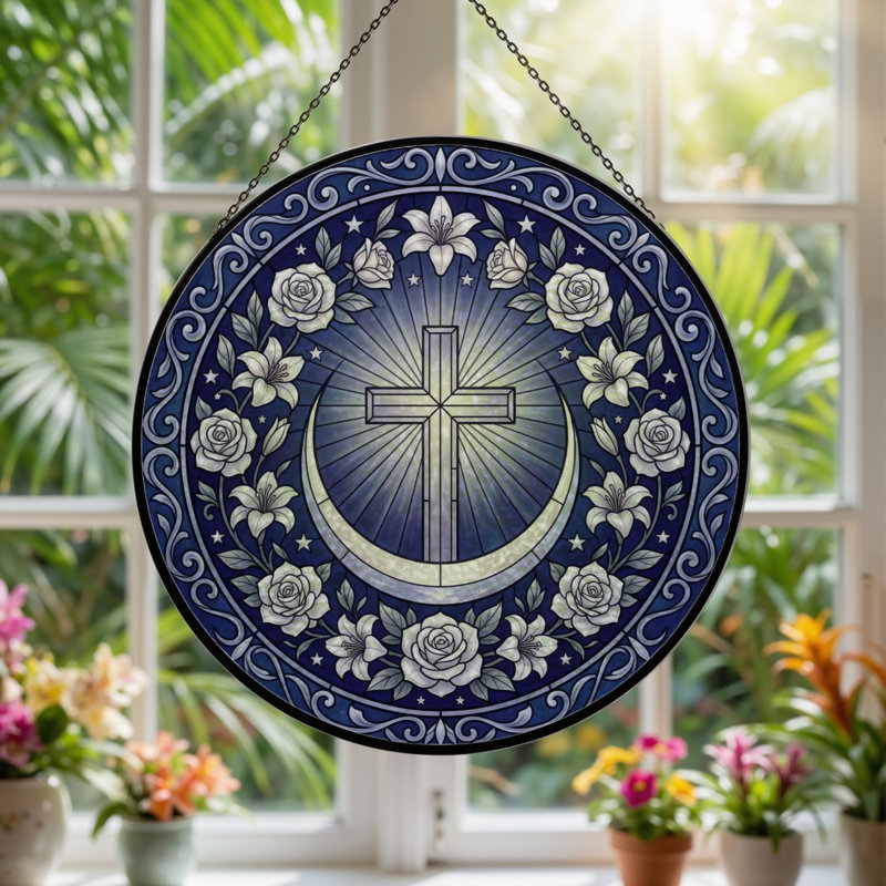 Cross Moon Stained Glass Window Panel,12"H, 12"H