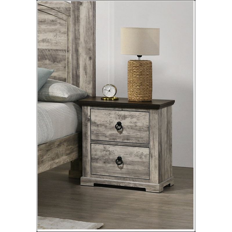 Table de chevet contemporaine deux tons rustique avec deux tiroirs et poignées en métal, parfaite pour les chambres à coucher modernes