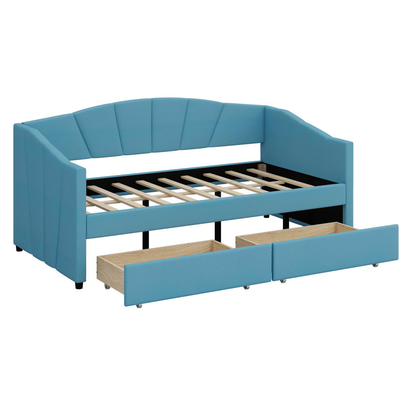 Upholstered Daybed With Two Drawers, Blue