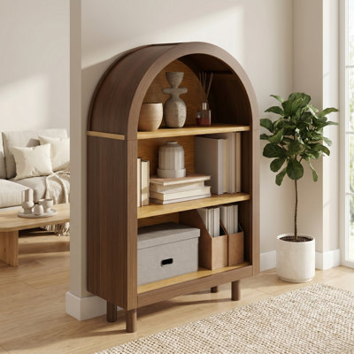 Armoire vitrée arquée moderne 24 po, tablette de rangement ouverte avec panneau arrière en grain de bois pour le salon, la salle à manger et le vestibule