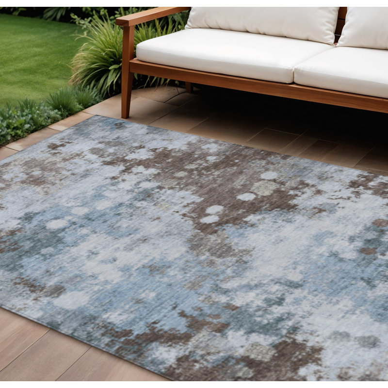 Tapis d'extérieur lavable abstrait bleu ciel et brun 10 pi x 14 pi