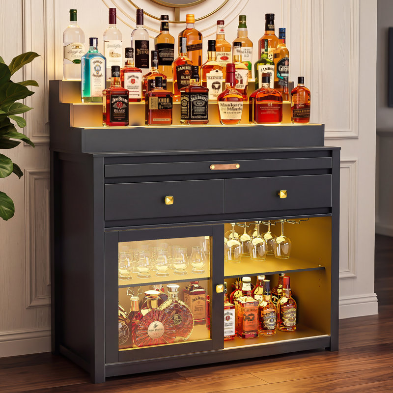 Meuble-bar de 100 cm avec présentoir à bouteilles à 3 niveaux éclairé par DEL, noir
