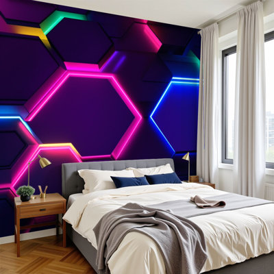 Papier peint adhésif néon Neon Hexagon
