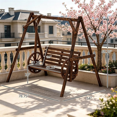 Balancelle de véranda 2 places avec support en A, banc de patio en bois rond avec accoudoirs à roulettes