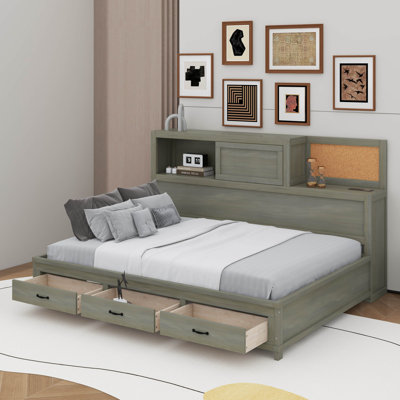 Lit de jour en bois avec 3 tiroirs de rangement, tableau souple supérieur, tablette et ensemble de prises et ports USB