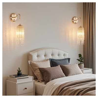 Set of 2 Gold Iron Wall Sconces with Cascading Crystal Bead Strings, Decorative Metal Light Fixtures