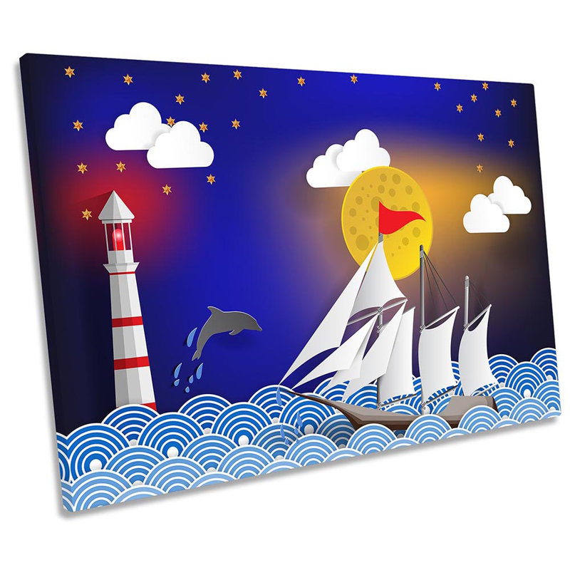 Sail Boat Yacht Lighthouse Blue Framed - Wrapped Canvas Print, 30.5cm H x 45.7cm W x 2cm D