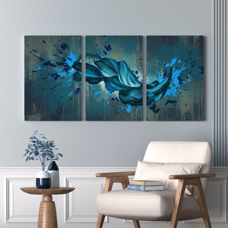 Ensemble de 3 tableaux muraux abstraits à motifs floraux bleus sur toile tendue, H 24 po x l 48 po