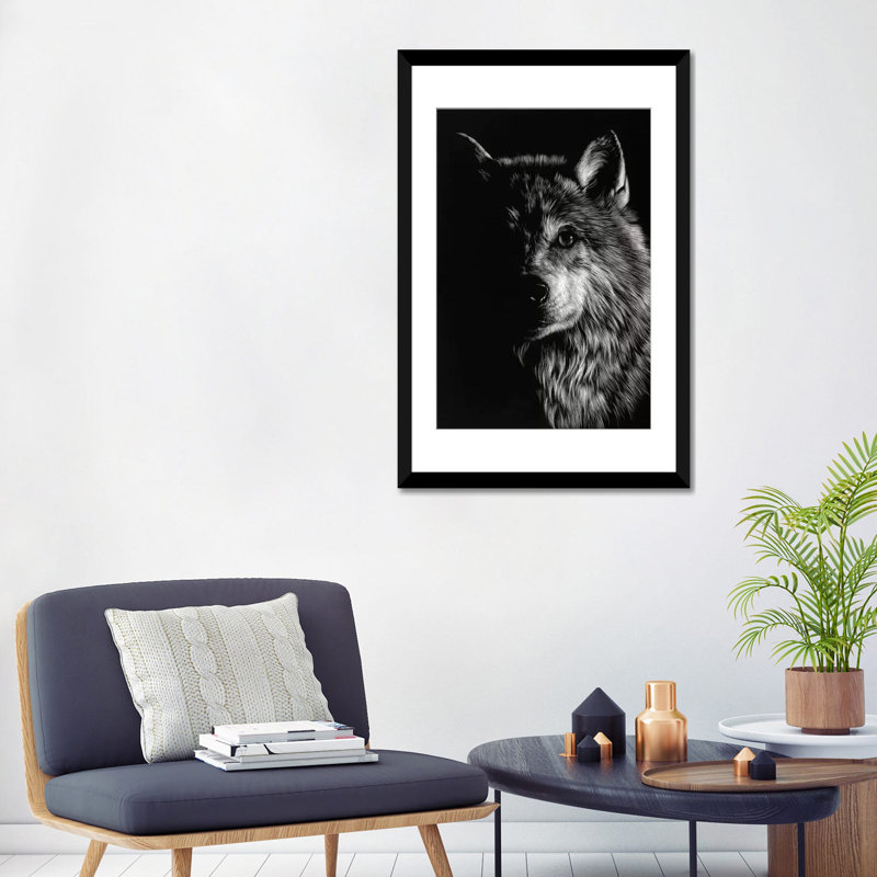 «Wolf III», reproduction de photo sur toile, H 32 po x l 24 po x P 1 po, Papier d'art encadré noir, Blanc