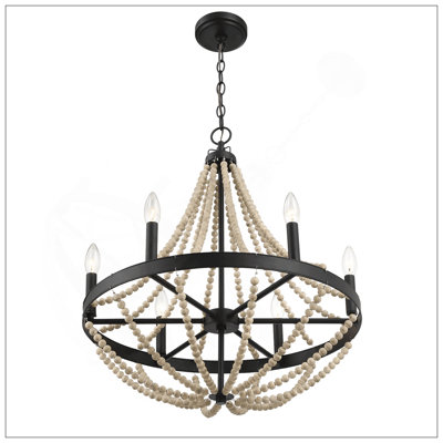 Luminaire suspendu en bois perlé à six lumières de style chandelier en bois pour la salle à manger